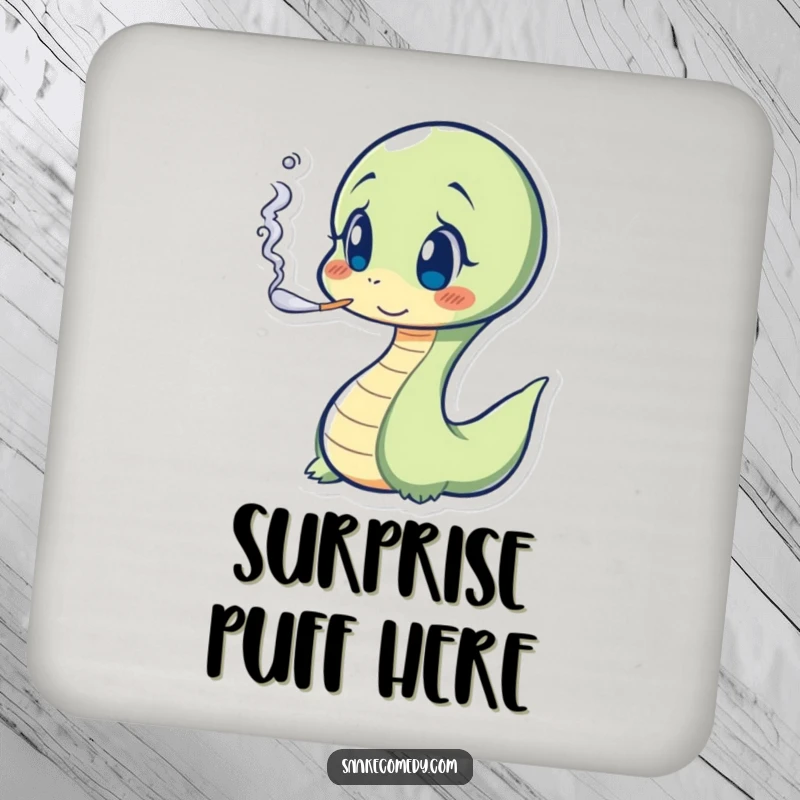Funny Snake Coasters featuring a surprised serpent blowing a puff of smoke, protecting surfaces with humor.