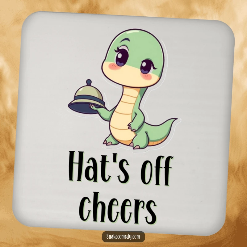 Funny drink coaster showing a snake looking surprised, one eyebrow raised, holding a tiny hat.