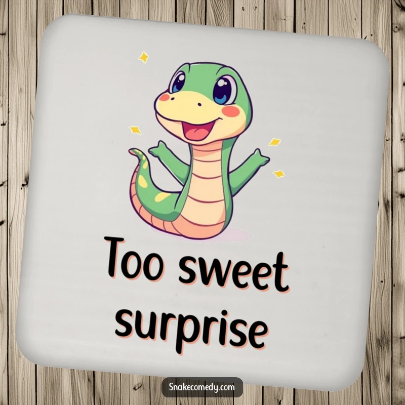 Funny coaster depicting a surprised snake recoiling from a popping sweet, offering surface protection with a humorous design.