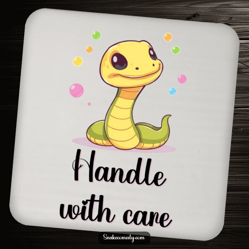 Funny snake with a mischievous flicker, juggling colorful, glowing orbs on a drink coaster, protecting surfaces with magical flair.