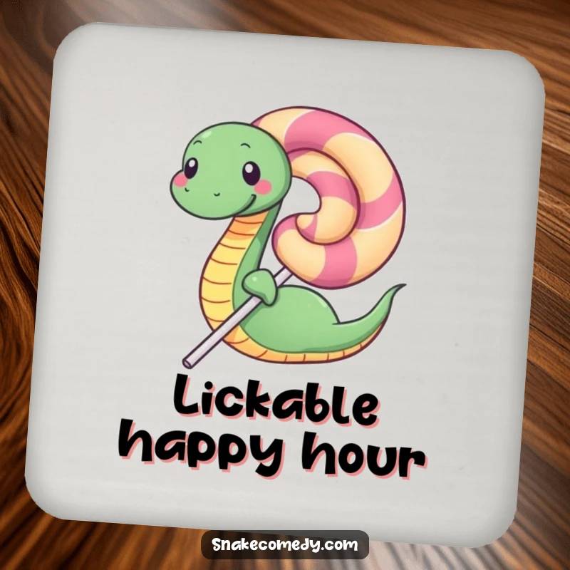 Funny coaster depicting a happy snake coiled around a large lollipop, offering surface protection with a sweet and humorous design.