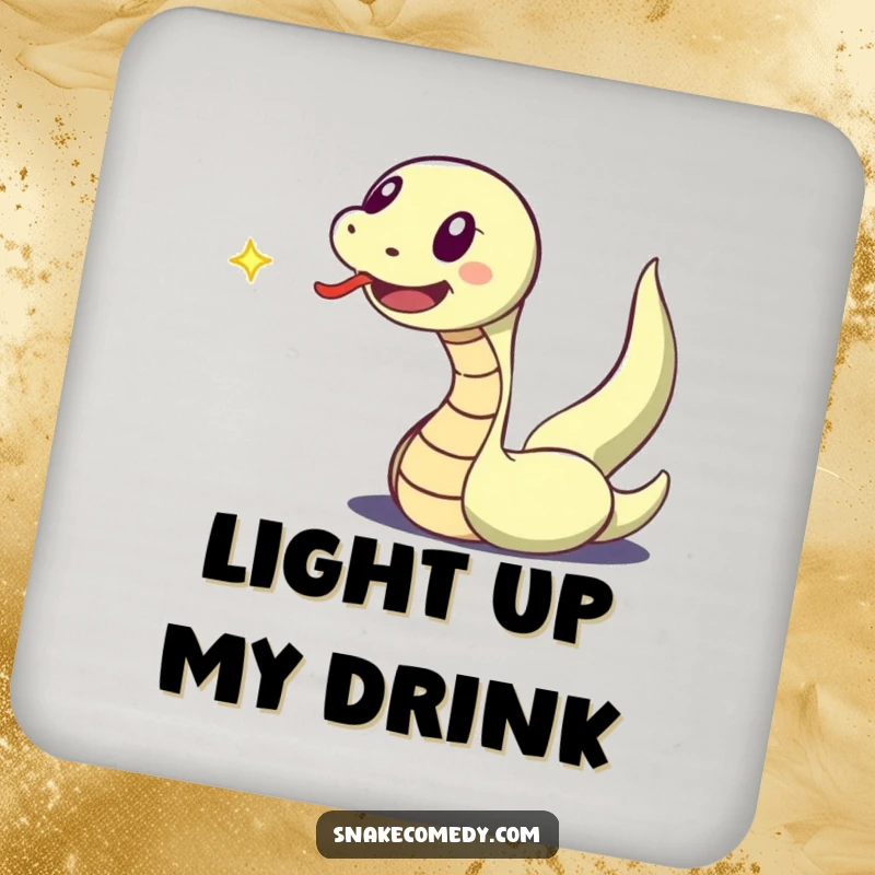 Funny drink coaster with an excited snake character, tongue flicking, chasing a dancing speck of light.