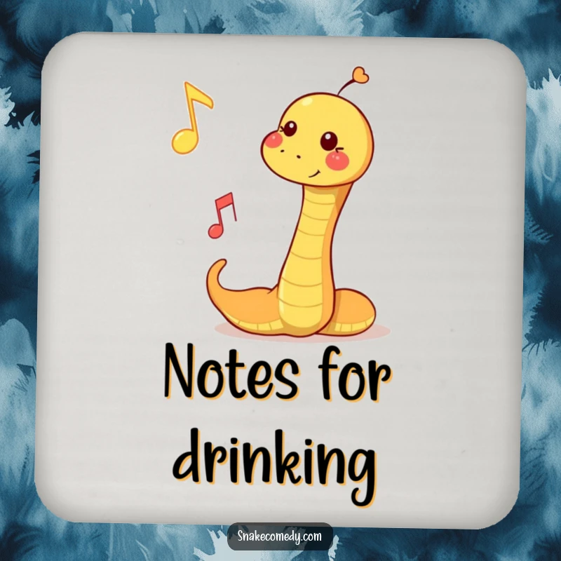 Funny drink coaster featuring a snake playfully bopping a musical note, protecting tables with rhythm and style.