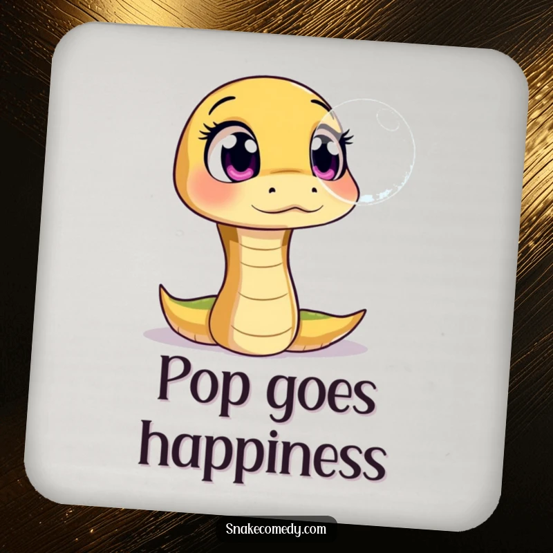 Funny drink coasters featuring a snake character with wide, amazed eyes at a floating, shimmering bubble, offering decorative humor.