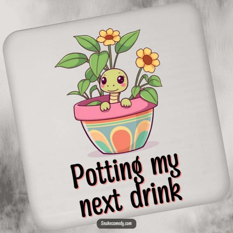 Funny snake coasters showing a curious snake peeking out from a colorful flower pot, providing humorous surface protection.