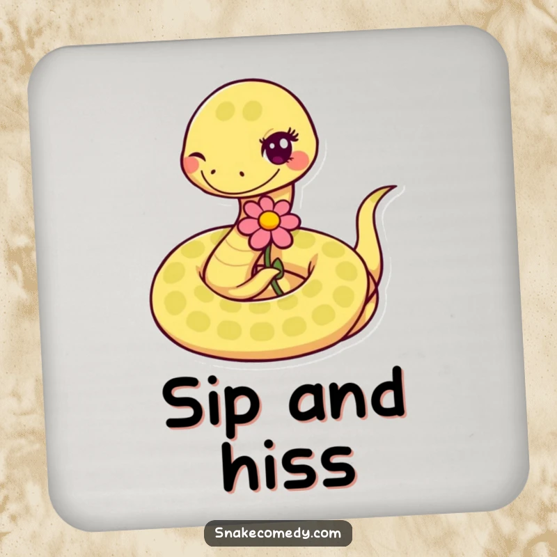 Funny coiled snake winks and offers a flower on a drink coaster, adding a humorous touch to table settings.