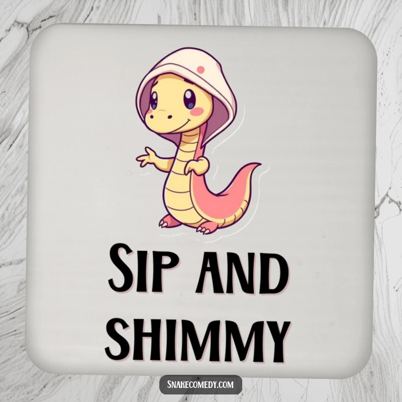 Funny snake coaster showing a wiggly snake character doing a silly dance with a cheerful hood, adding a fun, humorous touch.