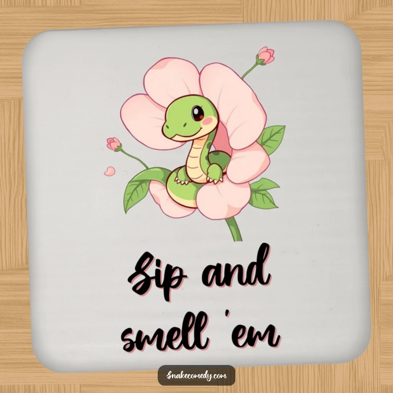 Funny coaster featuring a sweet snake playfully peeking out from a beautiful flower, protecting surfaces with a touch of humor.