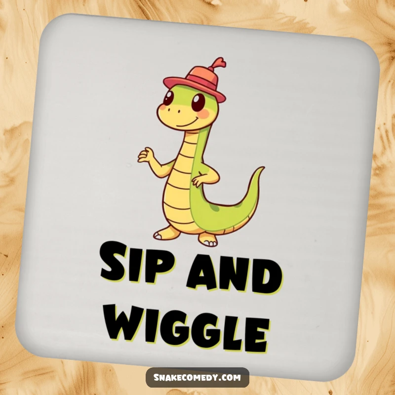 Funny snake in a tiny hat doing a silly wiggle dance on a drink coaster, preventing glass rings humorously.