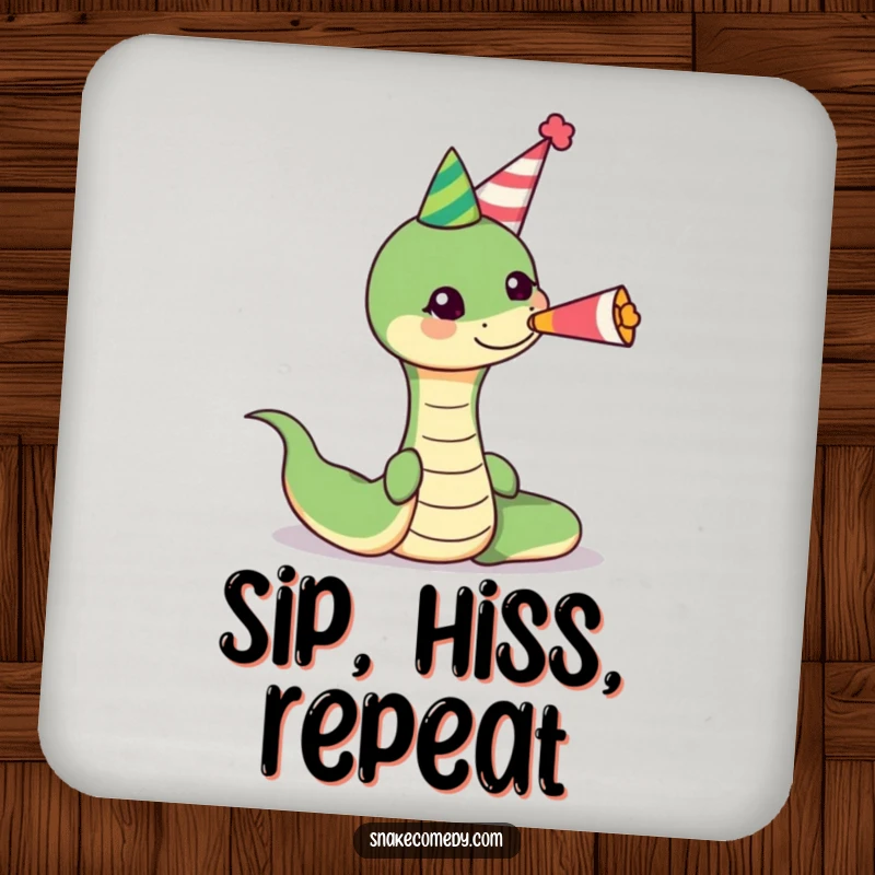 Funny snake wearing a party hat, blowing a cheerful party horn on a drink coaster, protecting surfaces with a touch of party humor.