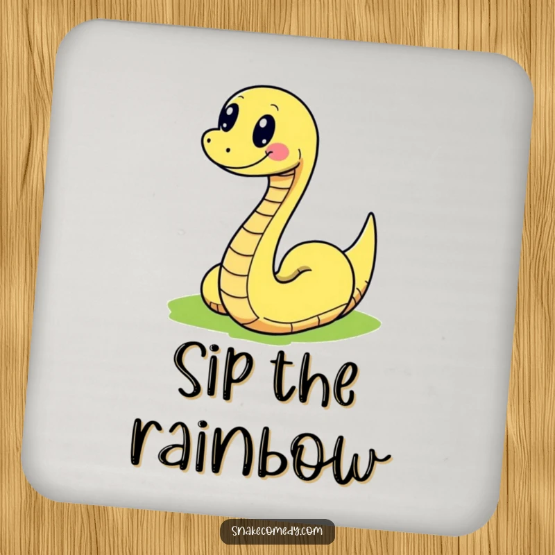 Funny snake illustration joyfully slithering on a colorful path on a drink coaster, offering surface protection with a cheerful design.