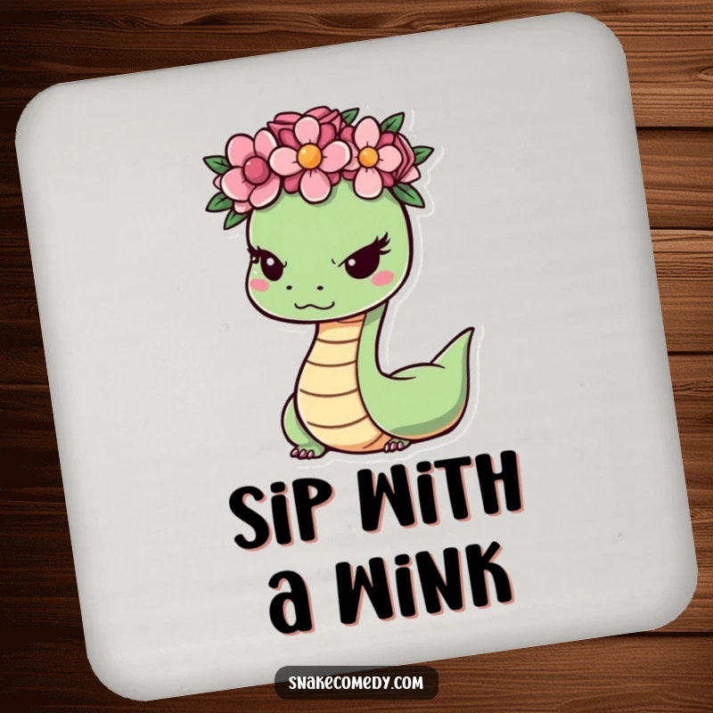 Funny snake illustration with a flower crown and a sly wink on a drink coaster, offering surface protection with a humorous and charming design.