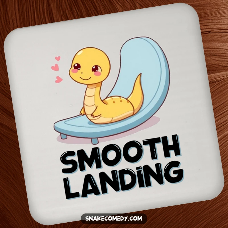 Funny drink coasters featuring a coiled snake character sighing contentedly after a smooth slide down a ramp, offering humorous protection.