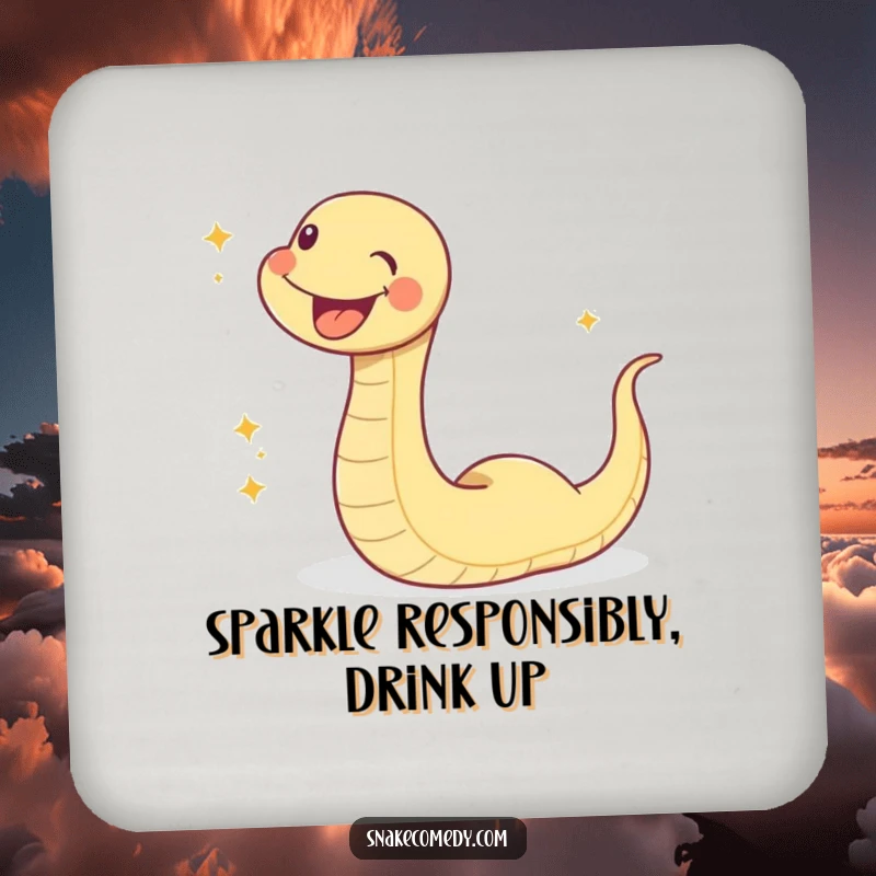 Funny sparkle snake drink coasters, a happy slithering snake leaving a trail of glitter, protecting surfaces with humor.