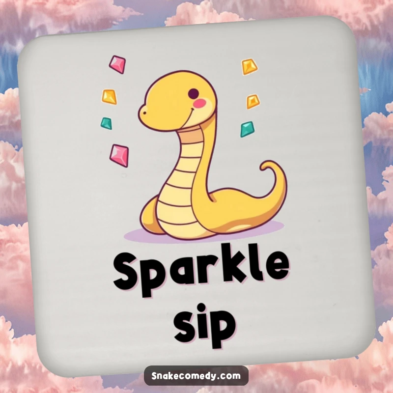 Funny drink coasters featuring a playful, grinning snake character juggling three sparkling gems, offering decorative humor.
