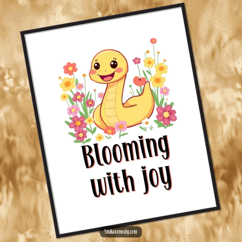 Funny snake character joyfully slithering through a vibrant field of colorful flowers, a cheerful poster for any space.
