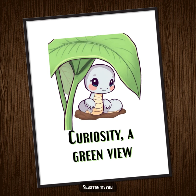 Funny Curious Snake Poster: serpent peeking behind a green leaf, evoking curiosity and nature's charm.