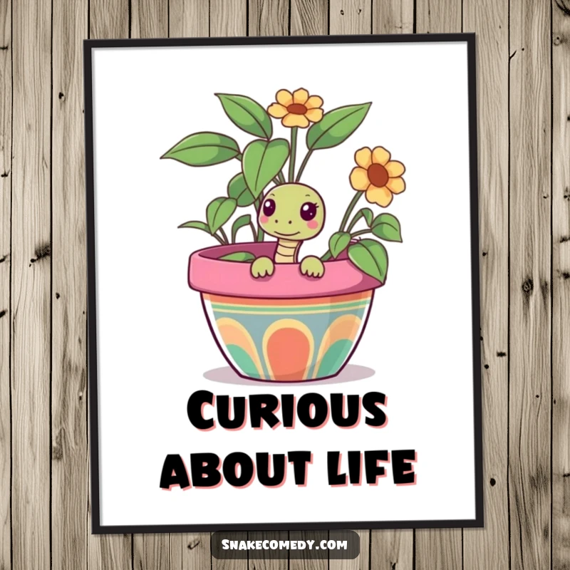 Funny snake poster depicting a curious snake peeking out from a large, colorful flower pot, adding whimsical and intriguing wall art.
