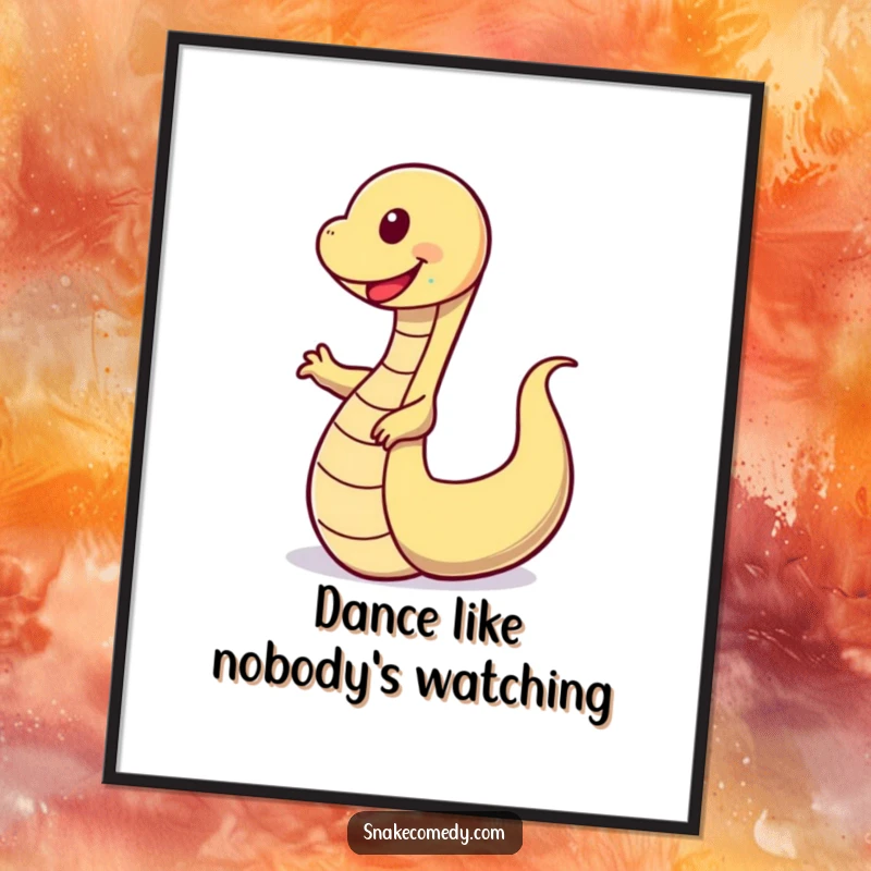 Funny poster illustrating a joyful snake performing a comical, wobbly dance with its tail, conveying infectious happiness and movement.