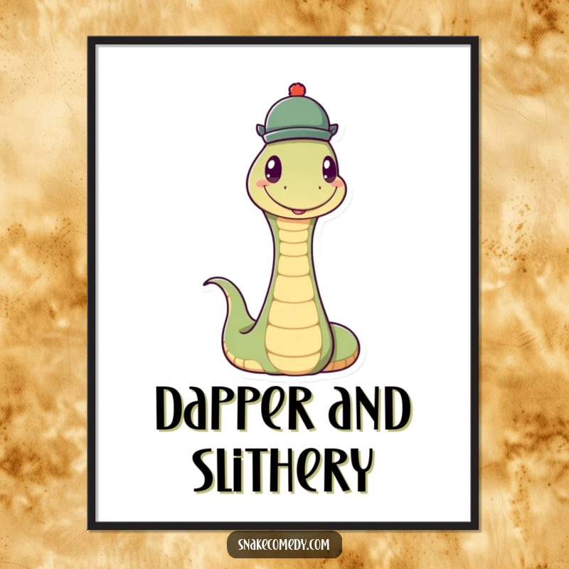 Funny Snake Hat Poster: Chic wall art of a snake happily balancing a hat, adding dapper humor to any room.