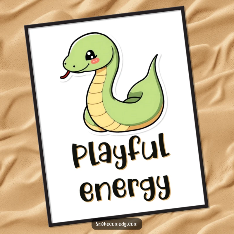 Funny snake poster depicting a snake dramatically coiling and uncoiling with a playful wink, adding theatrical and humorous wall art.