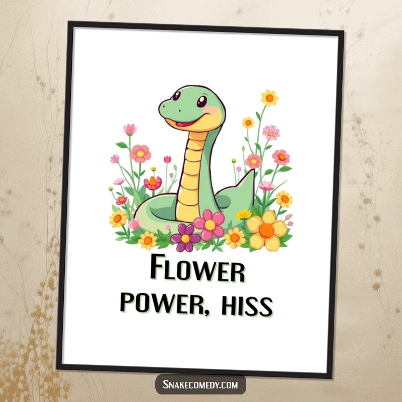 Funny Snake Flower Poster: Vibrant wall art of a smiling snake joyfully slithering through a field of colorful flowers.