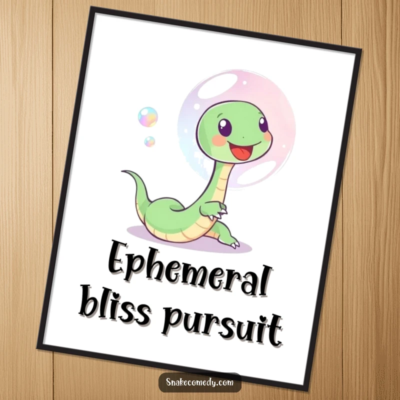 Funny poster illustrating a small, happy snake intently chasing a beautiful, iridescent soap bubble, symbolizing innocence and joy.