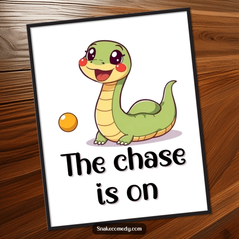 Funny Snake Ball Poster: An energetic and wiggly snake is illustrated chasing a brightly colored bouncing ball with excitement.