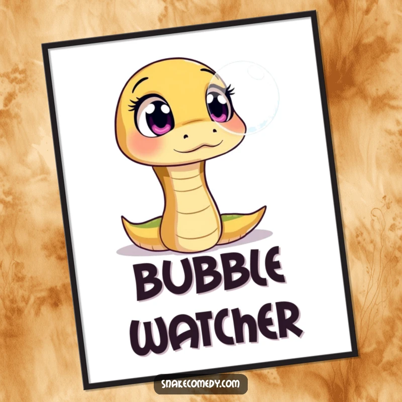 Funny poster art of a snake character with wide, amazed eyes fixated on a floating, shimmering bubble, capturing pure delight.
