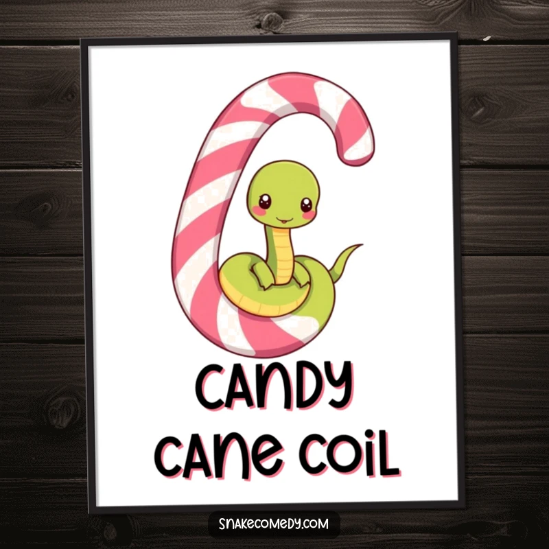Funny poster art of a happy snake character unwinding from a huge, striped candy cane, celebrating sweet, whimsical holiday cheer.