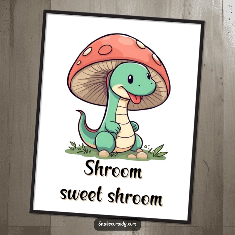 Funny Snake Mushroom Poster: A sneaky snake with a mischievous glint peeks out from behind a large, detailed mushroom.