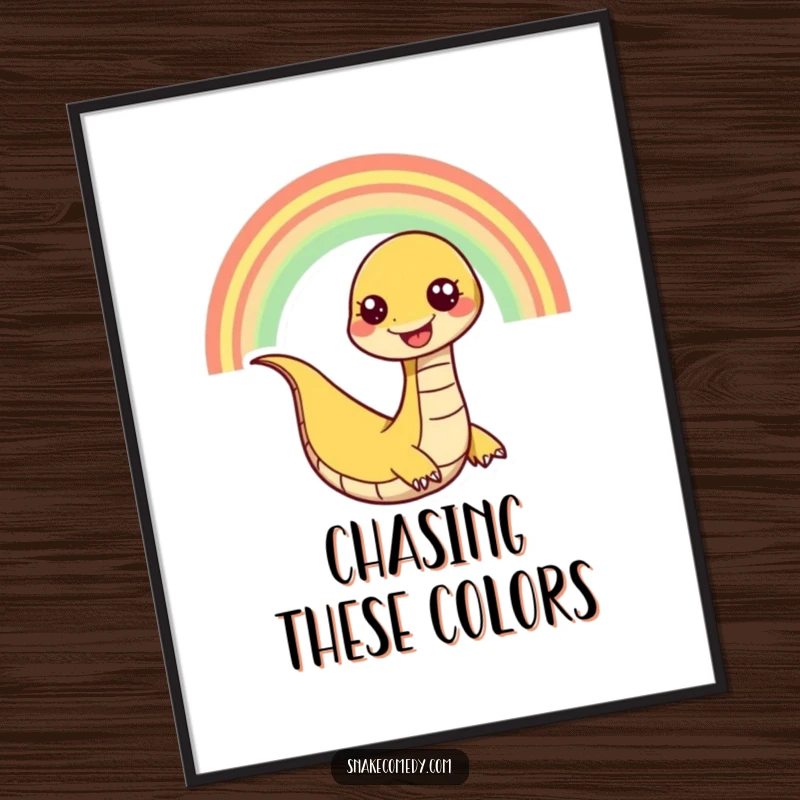 Funny snake poster depicting a happy snake character slithering playfully down a vibrant rainbow, its wide grin symbolizing pure happiness.