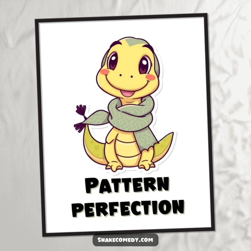 Funny poster displaying a delighted snake character in a comically large, patterned scarf, giving a cheeky wink.