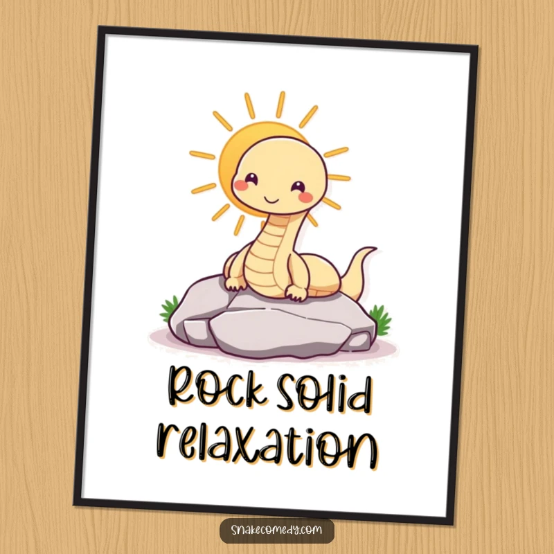 Funny snake poster featuring a contented snake basking on a sun-warmed rock, a humorous piece of reptile wall art.