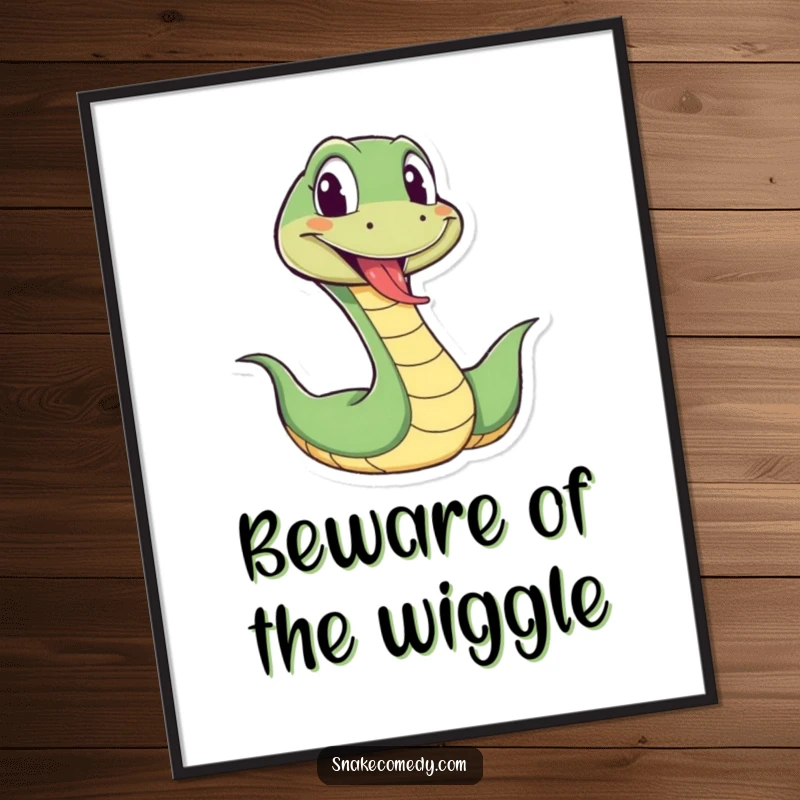 Funny snake poster art of a cartoon snake wiggling energetically with its tongue sticking out playfully, adding a humorous touch to any space.