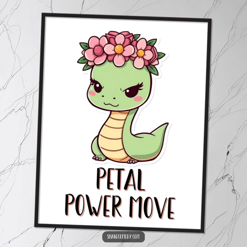 Funny snake art featuring a flower crown and a sly wink, creating a whimsical and humorous statement piece for any room.