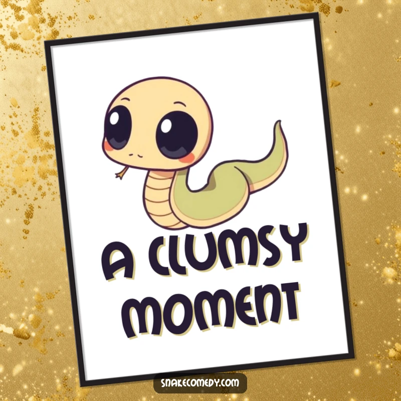 Funny snake art showing a comical trip over its own tail, with large, round eyes, perfect for humorous wall decor.