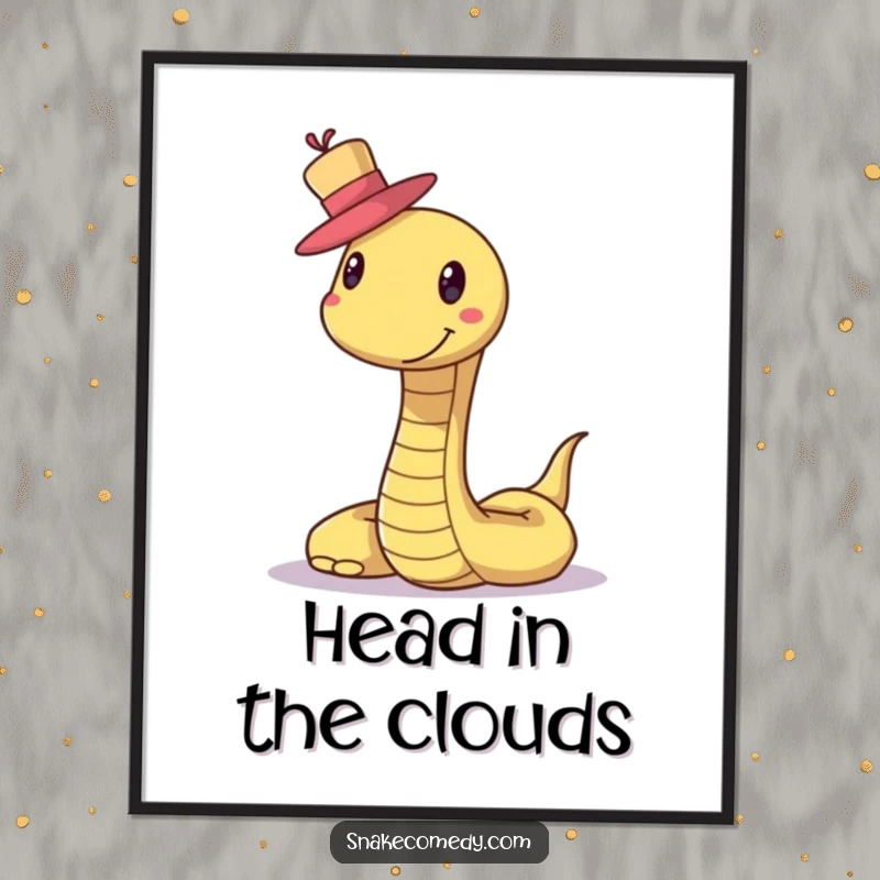 Funny Snake Hat Poster: A smiling snake displays remarkable skill balancing a tiny hat, creating a whimsical and charming artwork.