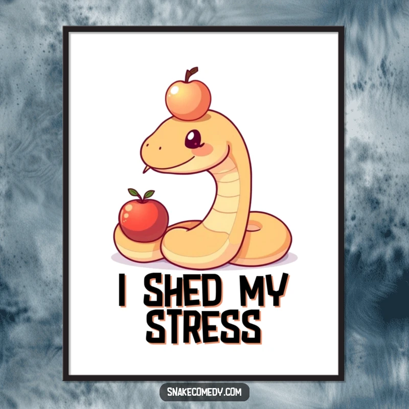 Funny artistic poster of a snake concentrated on balancing a small apple on its forehead, adding humor to any wall space.