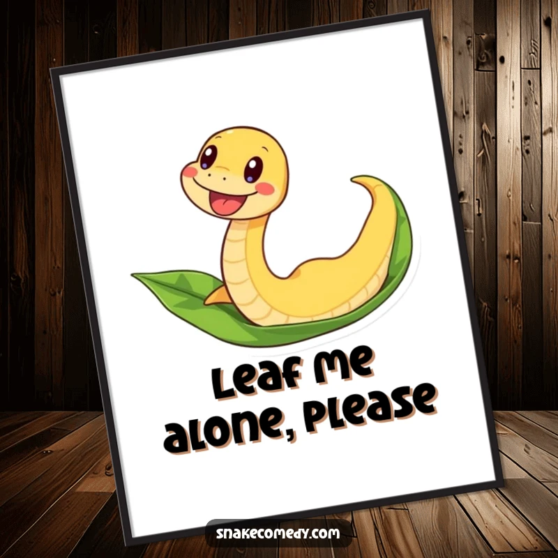 Funny snake poster showing an excited snake wiggling as it slides down a leaf, a dynamic piece of wall art.