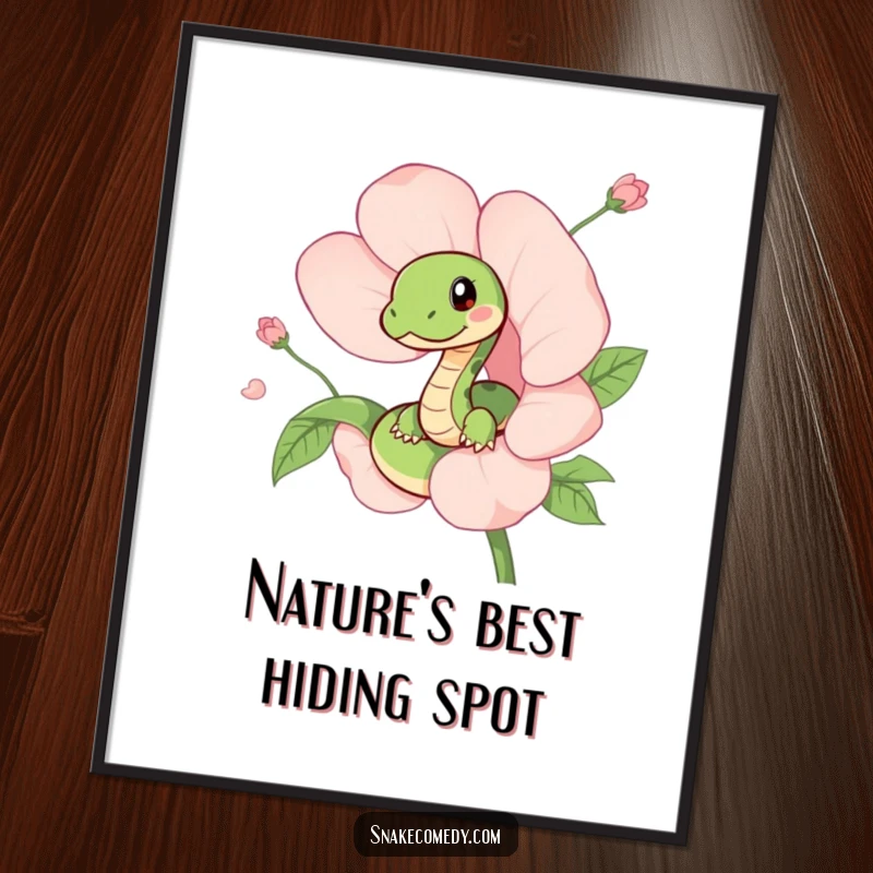 Funny poster with a cute snake playfully peeking from a beautifully illustrated flower, creating a whimsical and captivating piece of wall art.