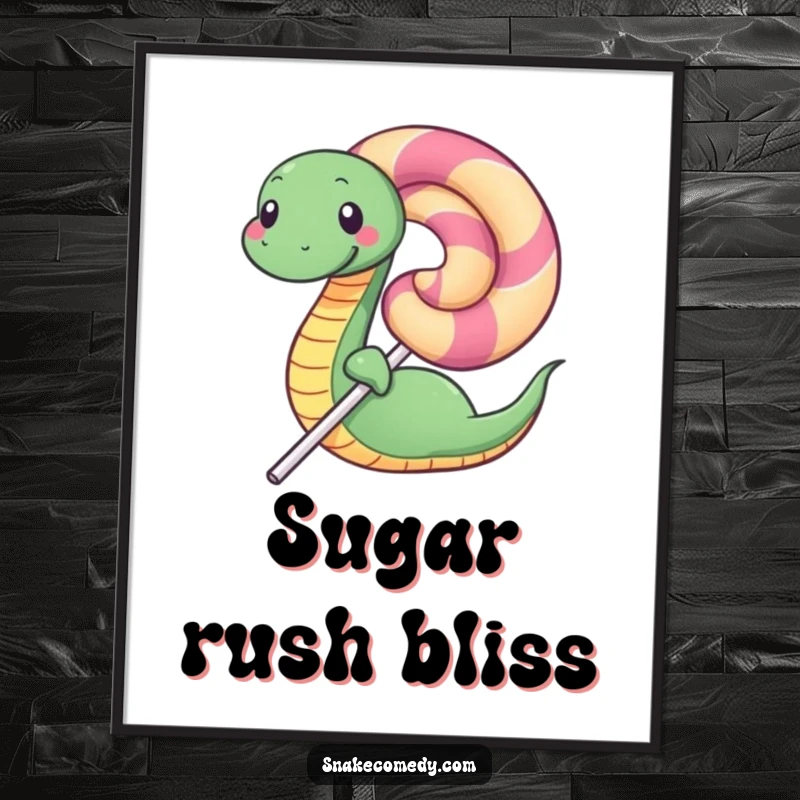 Funny poster art of a happy snake character lovingly coiling around a giant, tempting lollipop, exuding sweet joy.