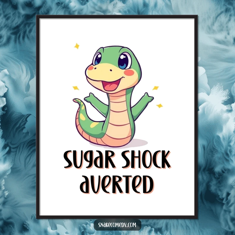 Funny poster art of a surprised snake recoiling from a popping candy, creating a dramatic and humorous visual.