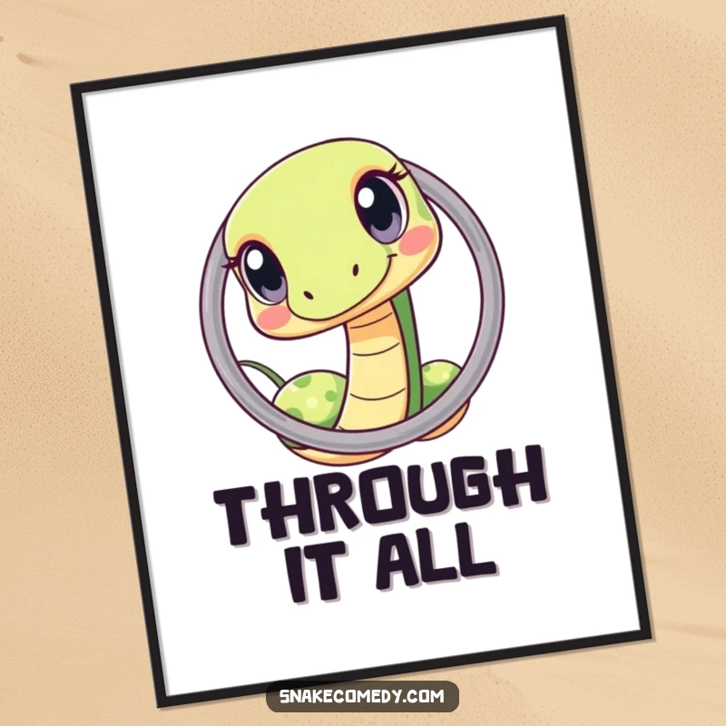 Funny kawaii snake hoop poster, depicting a cute snake with wide, curious eyes expertly navigating a tiny hoop.