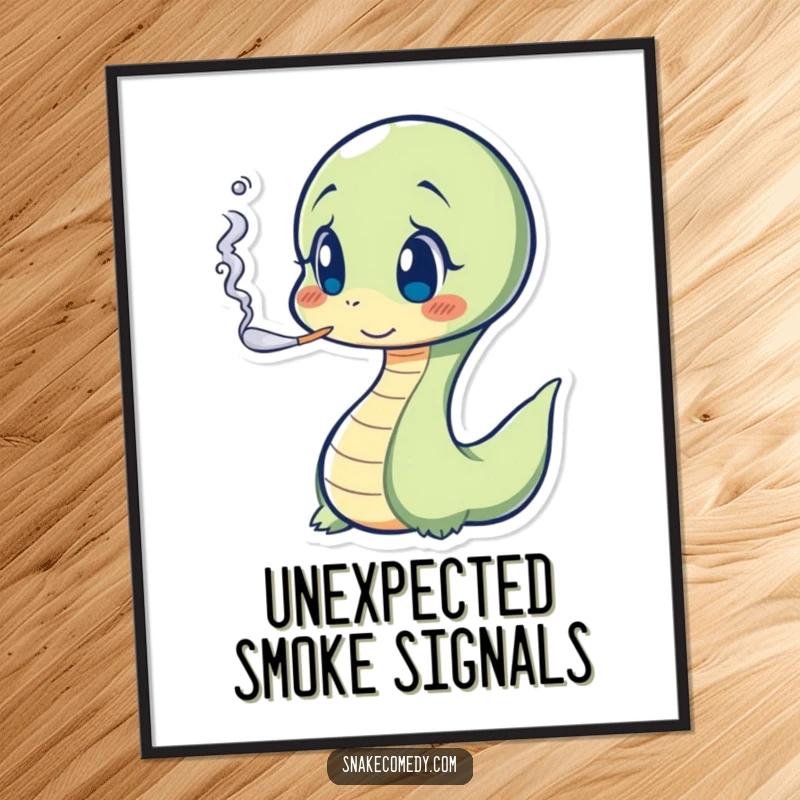 Funny Snake Poster showing a surprised serpent creating a small smoke puff, ideal for humorous wall art.