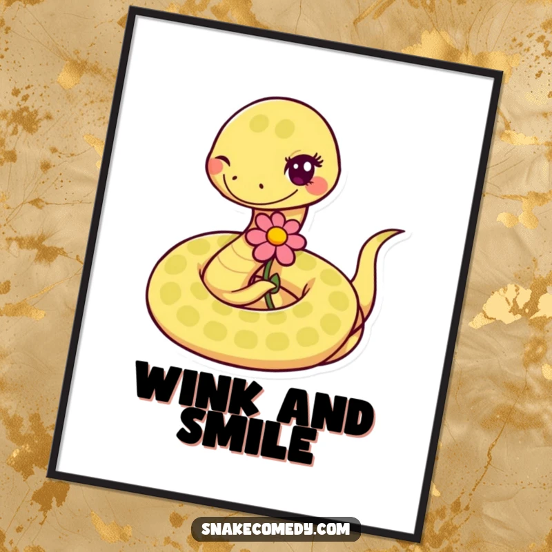 Funny coiled snake winking and presenting a flower on a poster, creating a delightful and humorous wall decoration.