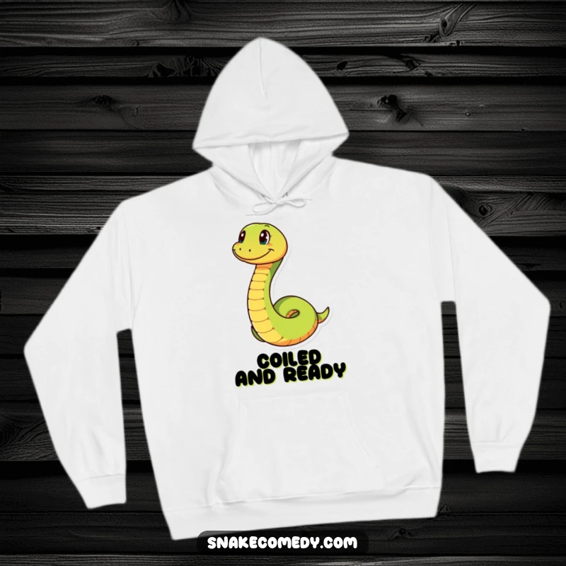 Funny snake with a joyful grin, shown coiling and uncoiling, printed on a soft, warm, and humorous hoodie.