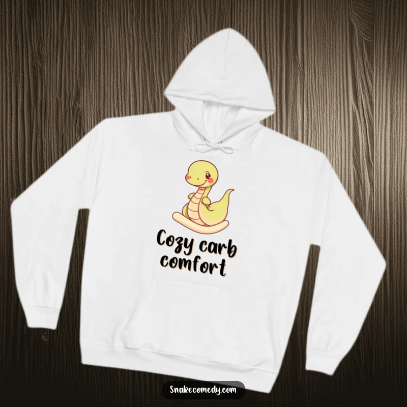 Funny snake hoodie, soft and warm, featuring a happy snake wiggling through a giant noodle, ideal for cozy days.