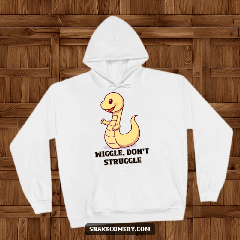 Funny hoodie depicting a joyfully dancing snake, its tail in a funny, wobbly motion, celebrating happiness and fun.