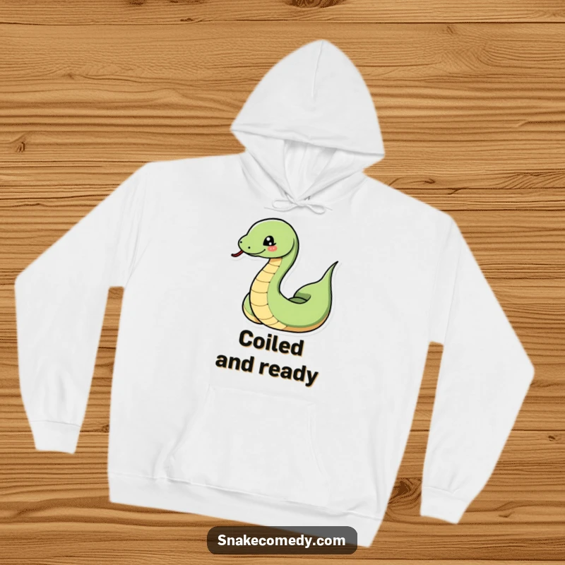 Funny snake hoodie featuring a snake dramatically coiling and uncoiling with a playful wink, offering warm and mischievous comfort.